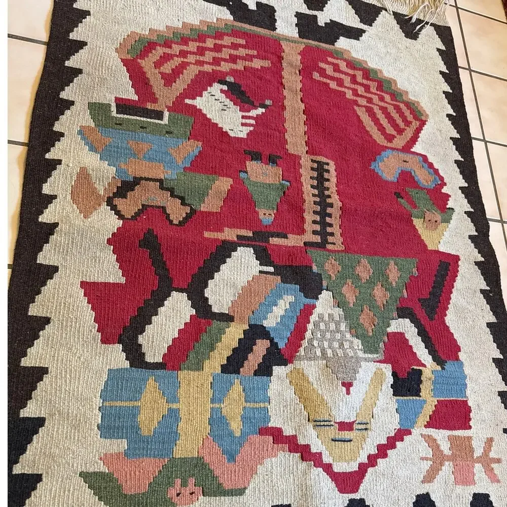 Turkish Kilim Wool Rug Tapestry Fringed Hand Woven Christmas Santa Claus 44 x 34